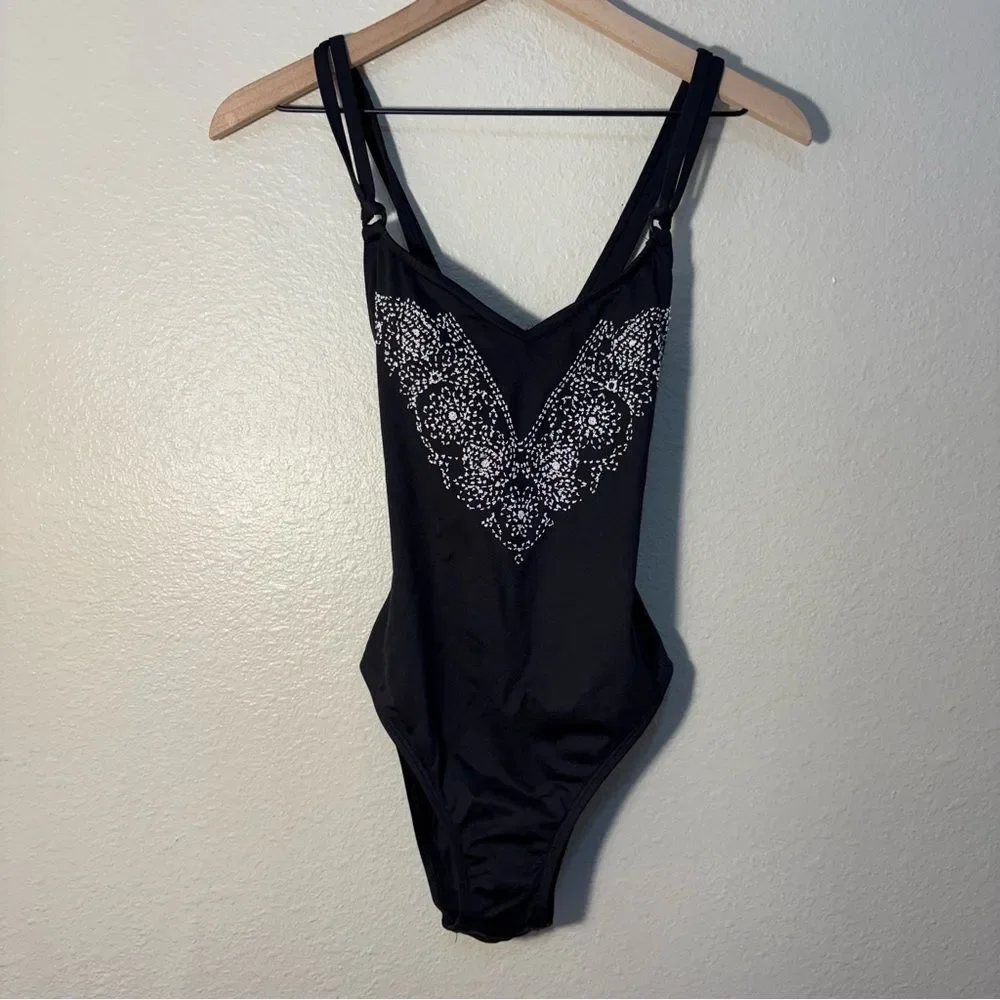 Gloria Vanderbilt Black One-Piece Swimsuit White Raised Butterfly Accent Strappy